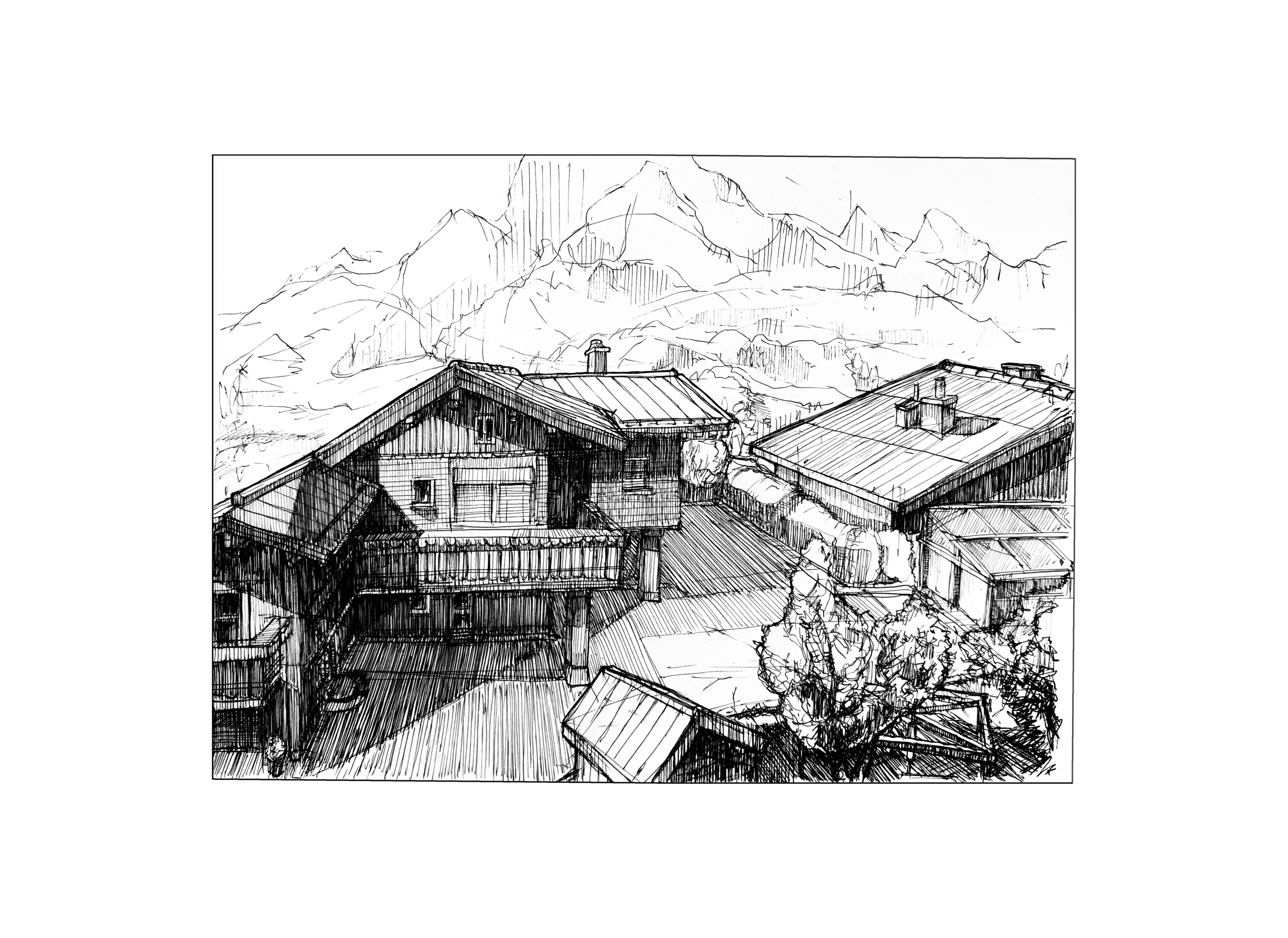 Freihandzeichnung von Giuseppe Antonio Raffaele mit alpiner Architekturansicht, Chalets, Dachlandschaft und Bergpanorama im Hintergrund