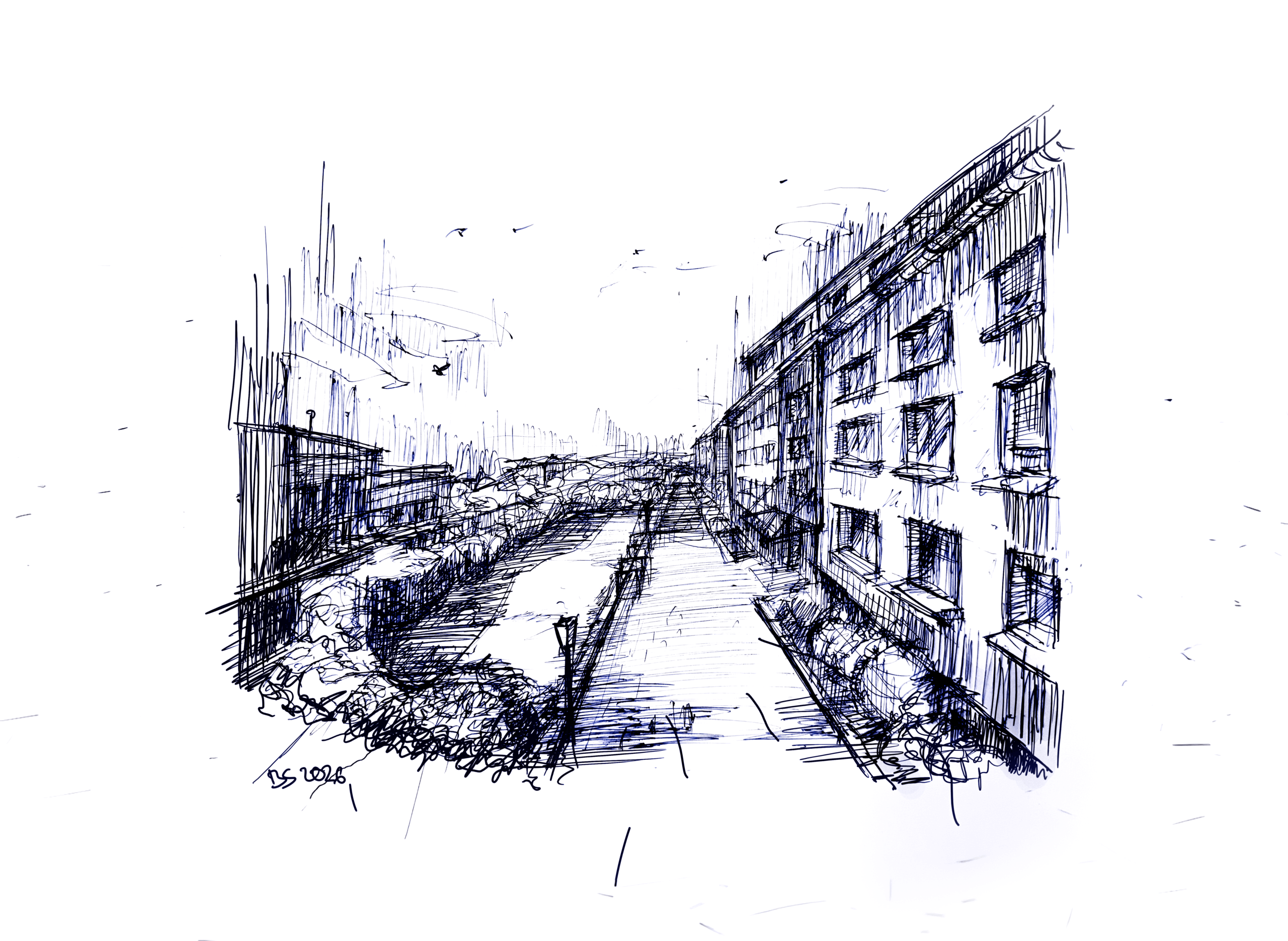 Freihandzeichnung von Giuseppe Antonio Raffaele mit architektonischer Perspektive eines Eingangsbereichs eines Mehrfamilienhauses