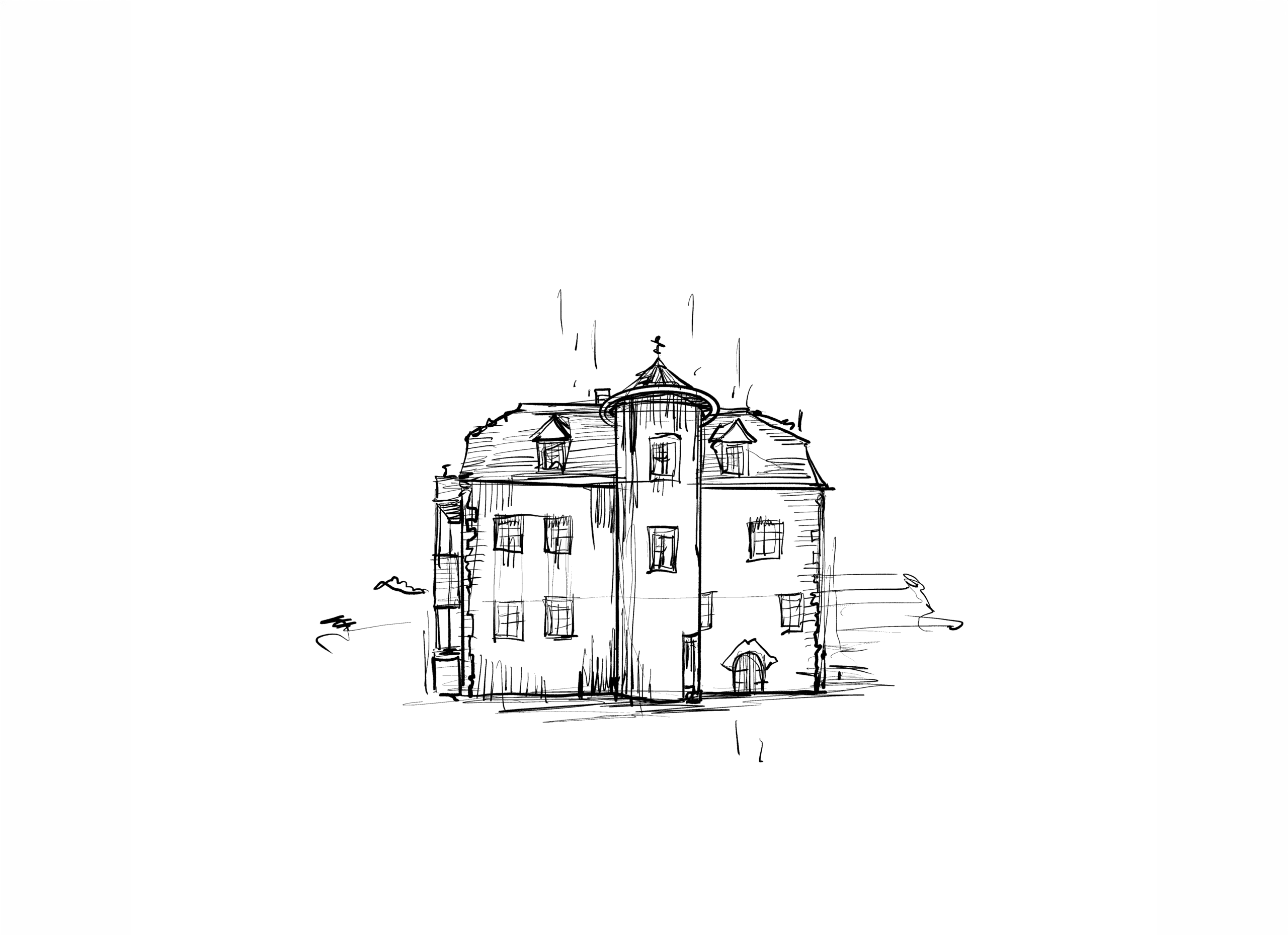 Freihandzeichnung von Giuseppe Antonio Raffaele mit architektonischer Geb&auml;udeansicht eines Hauses mit Turm und Dachaufbau