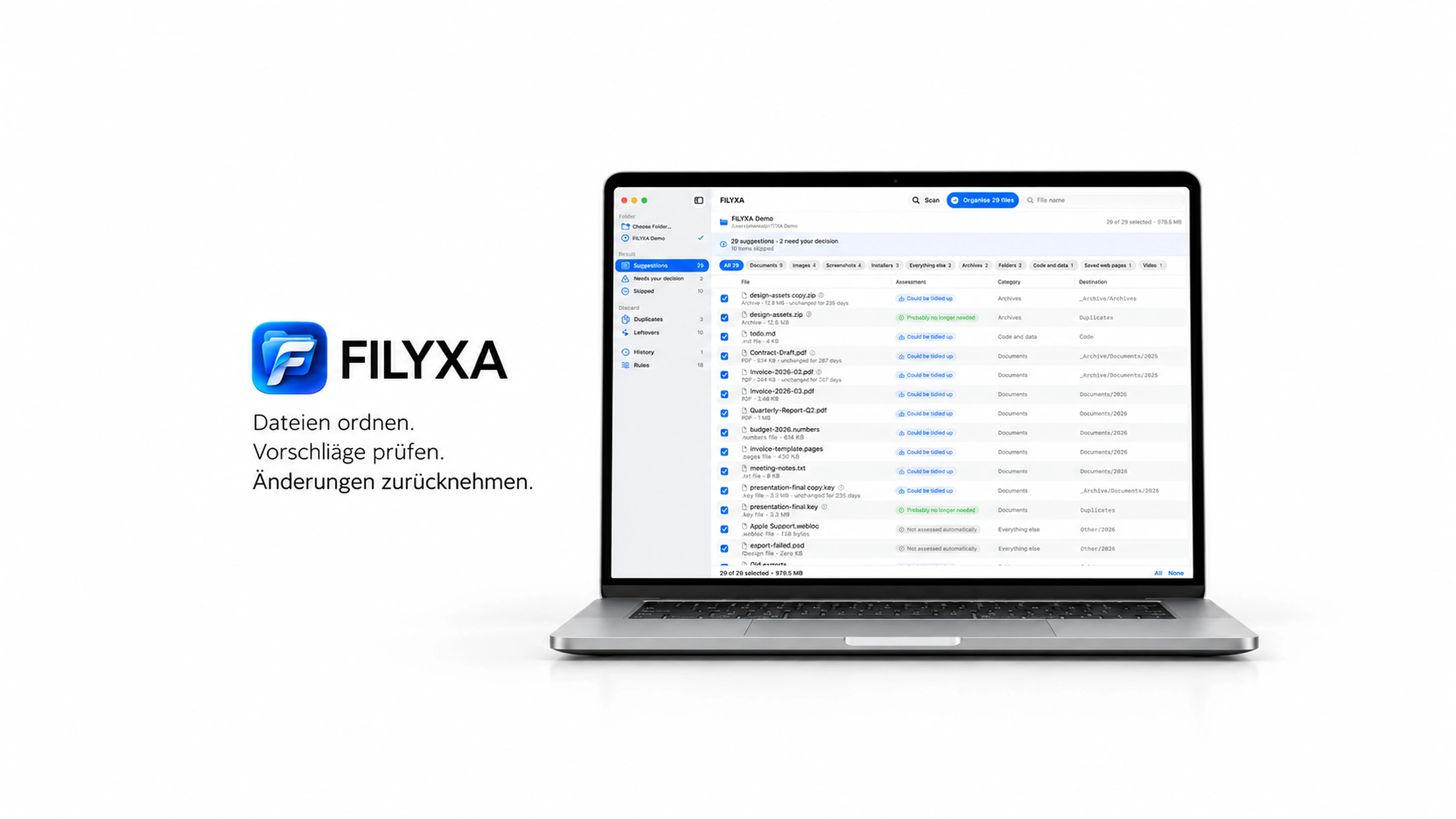 FILYXA auf dem Mac: Dateien ordnen, Vorschläge prüfen und Änderungen zurücknehmen